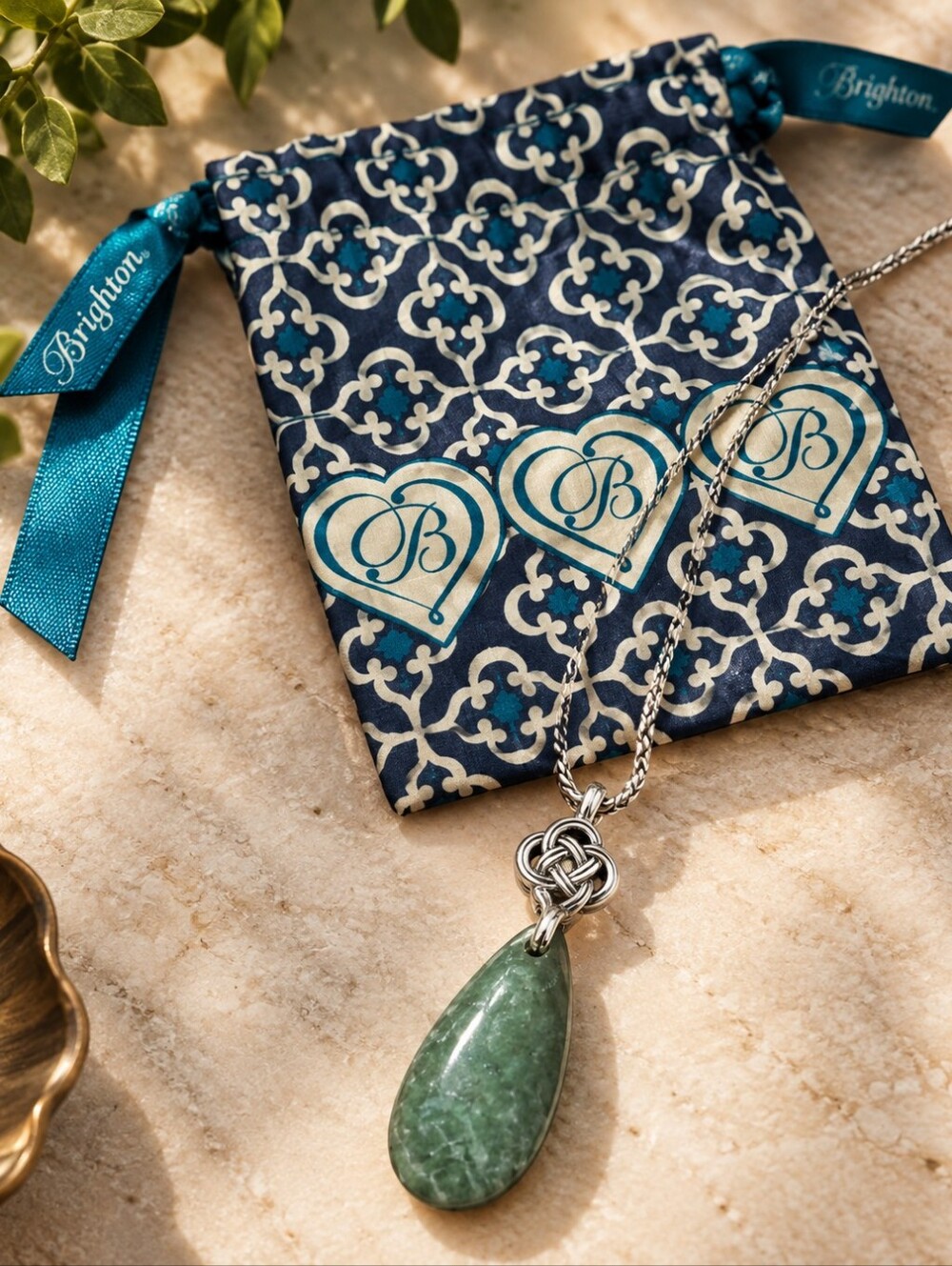 Authentic Brighton Celtic Knot Green Jade Teardrop Pendant Necklace with Pouch